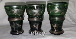 Bohemian green glass vintage Art Nouveau antique decanter & tot glasses