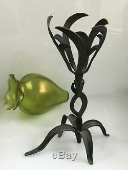 Bohemian style Green Vintage art glass with Ironwork holder