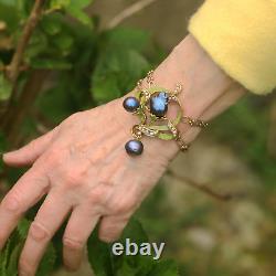 Bracelet Art Nouveau Adjustable Sheet Green Pearl Baroque Black Vintage QD12