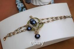 Bracelet Art Nouveau Adjustable Sheet Green Pearl Baroque Black Vintage QD12