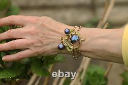 Bracelet Art Nouveau Adjustable Sheet Green Pearl Baroque Black Vintage QD12