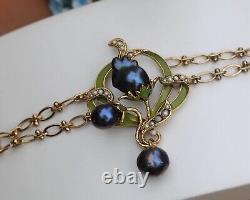 Bracelet Art Nouveau Adjustable Sheet Green Pearl Baroque Black Vintage QD12
