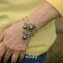Bracelet Art Nouveau Adjustable Sheet Green Pearl Baroque Black Vintage QD12
