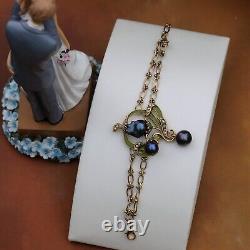 Bracelet Art Nouveau Adjustable Sheet Green Pearl Baroque Black Vintage QD12