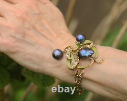 Bracelet Art Nouveau Adjustable Sheet Green Pearl Baroque Black Vintage QD12