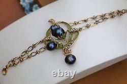 Bracelet Art Nouveau Adjustable Sheet Green Pearl Baroque Black Vintage QD12