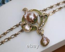 Bracelet Art Nouveau Adjustable Sheet Green Pearl Baroque Pink Vintage Look QD12