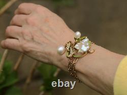 Bracelet Art Nouveau Sheet Green Pearl Baroque White Vintage Style QD12