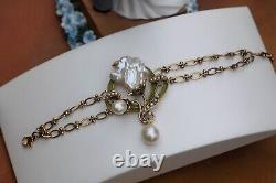 Bracelet Art Nouveau Sheet Green Pearl Baroque White Vintage Style QD12