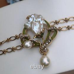 Bracelet Art Nouveau Sheet Green Pearl Baroque White Vintage Style QD12