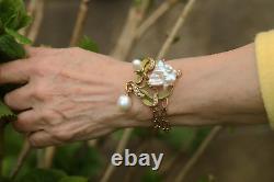 Bracelet Art Nouveau Sheet Green Pearl Baroque White Vintage Style QD12