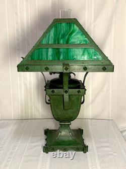 Bradley & Hubbard Rivited Arts & Crafts Oil Lamp, Frogsking Green Patina, Nice