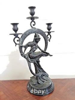 Bronze 3 Light Candelabrum Candlestick Maiden in Circle Art Nouveau Style H 21