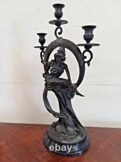 Bronze 3 Light Candelabrum Candlestick Maiden in Circle Art Nouveau Style H 21
