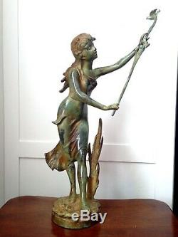 Bronze Statue Girl Maiden w Birds & Rushes Garden Art Sculpture Nouveau Deco 20