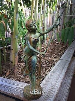 Bronze Statue Girl Maiden w Birds & Rushes Garden Art Sculpture Nouveau Deco 20