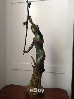 Bronze Statue Girl Maiden w Birds & Rushes Garden Art Sculpture Nouveau Deco 20