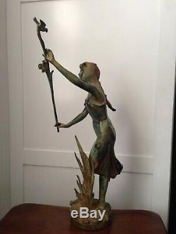 Bronze Statue Girl Maiden w Birds & Rushes Garden Art Sculpture Nouveau Deco 20