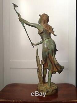 Bronze Statue Girl Maiden w Birds & Rushes Garden Art Sculpture Nouveau Deco 20