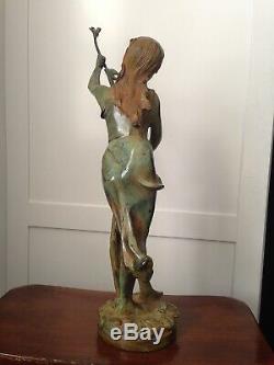 Bronze Statue Girl Maiden w Birds & Rushes Garden Art Sculpture Nouveau Deco 20