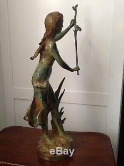 Bronze Statue Girl Maiden w Birds & Rushes Garden Art Sculpture Nouveau Deco 20