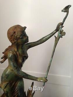 Bronze Statue Girl Maiden w Birds & Rushes Garden Art Sculpture Nouveau Deco 20