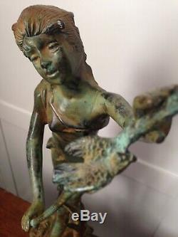 Bronze Statue Girl Maiden w Birds & Rushes Garden Art Sculpture Nouveau Deco 20