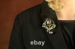 Brooch Pendant Art Nouveau Green Leaf Baroque Black Vintage Style QD12