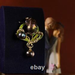 Brooch Pendant Art Nouveau Green Leaf Baroque Black Vintage Style QD12