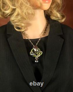 Brooch Pendant Art Nouveau Green Leaf Baroque Black Vintage Style QD12