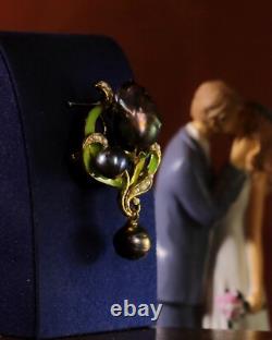 Brooch Pendant Art Nouveau Green Leaf Baroque Black Vintage Style QD12