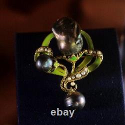Brooch Pendant Art Nouveau Green Leaf Baroque Black Vintage Style QD12