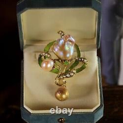 Brooch Pendant Art Nouveau Green Leaf Baroque Pearl Vintage Style QD12