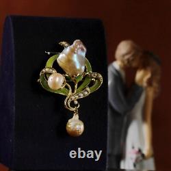 Brooch Pendant Art Nouveau Green Leaf Baroque Pearl Vintage Style QD12