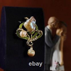 Brooch Pendant Art Nouveau Green Leaf Baroque Pearl Vintage Style QD12