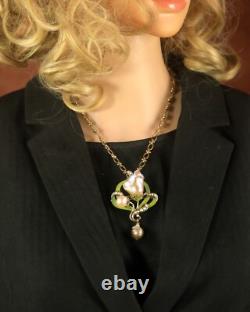 Brooch Pendant Art Nouveau Green Leaf Baroque Pearl Vintage Style QD12