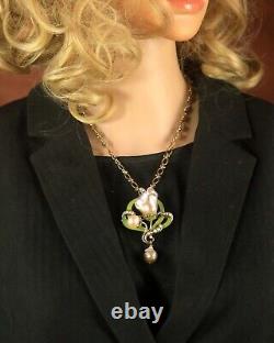Brooch Pendant Art Nouveau Green Leaf Baroque Pearl Vintage Style QD12