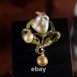 Brooch Pendant Art Nouveau Green Leaf Baroque Pearl Vintage Style QD12