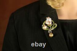 Brooch Pendant Art Nouveau Green Leaf Baroque Pearl Vintage Style QD12