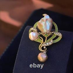 Brooch Pendant Art Nouveau Green Leaf Baroque Pearl Vintage Style QD12
