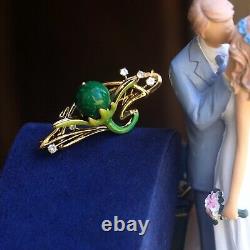Brooch Pendant Art Nouveau One Flower Green Enamel Pearl Jade Vintage Style QD12