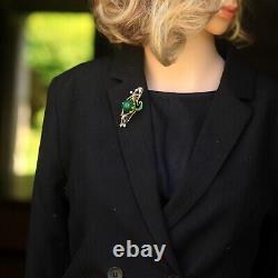 Brooch Pendant Art Nouveau One Flower Green Enamel Pearl Jade Vintage Style QD12