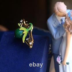 Brooch Pendant Art Nouveau One Flower Green Enamel Pearl Jade Vintage Style QD12