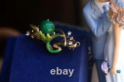 Brooch Pendant Art Nouveau One Flower Green Enamel Pearl Jade Vintage Style QD12