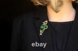 Brooch Pendant Art Nouveau One Flower Green Enamel Pearl Jade Vintage Style QD12