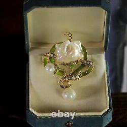 Brooch Pendant Art Nouveau Sheet Green Pearl Baroque White Vintage Style QD12