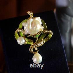 Brooch Pendant Art Nouveau Sheet Green Pearl Baroque White Vintage Style QD12