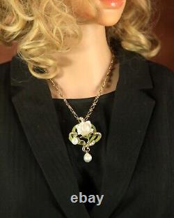 Brooch Pendant Art Nouveau Sheet Green Pearl Baroque White Vintage Style QD12