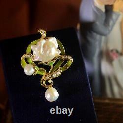 Brooch Pendant Art Nouveau Sheet Green Pearl Baroque White Vintage Style QD12