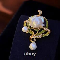 Brooch Pendant Art Nouveau Sheet Green Pearl Baroque White Vintage Style QD12